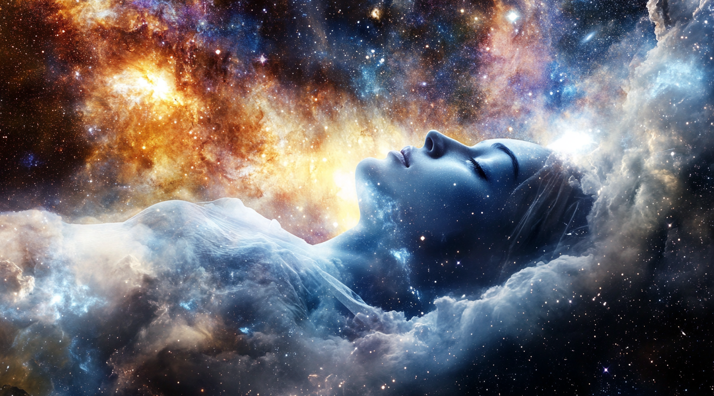 Translucent soul sleeping peacefully among magnificent galaxies.