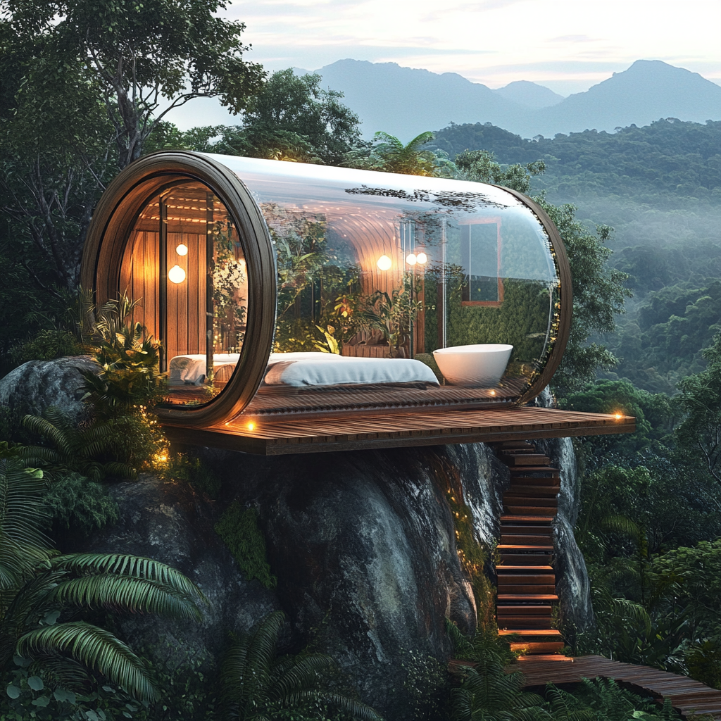 Transparent capsule house in Brazilian jungle with DIY elegance.