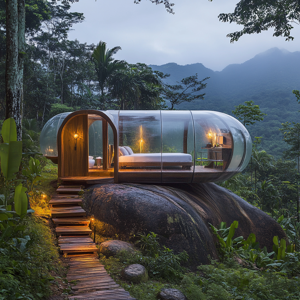 Transparent capsule house on rock in jungle, 5-star setup.