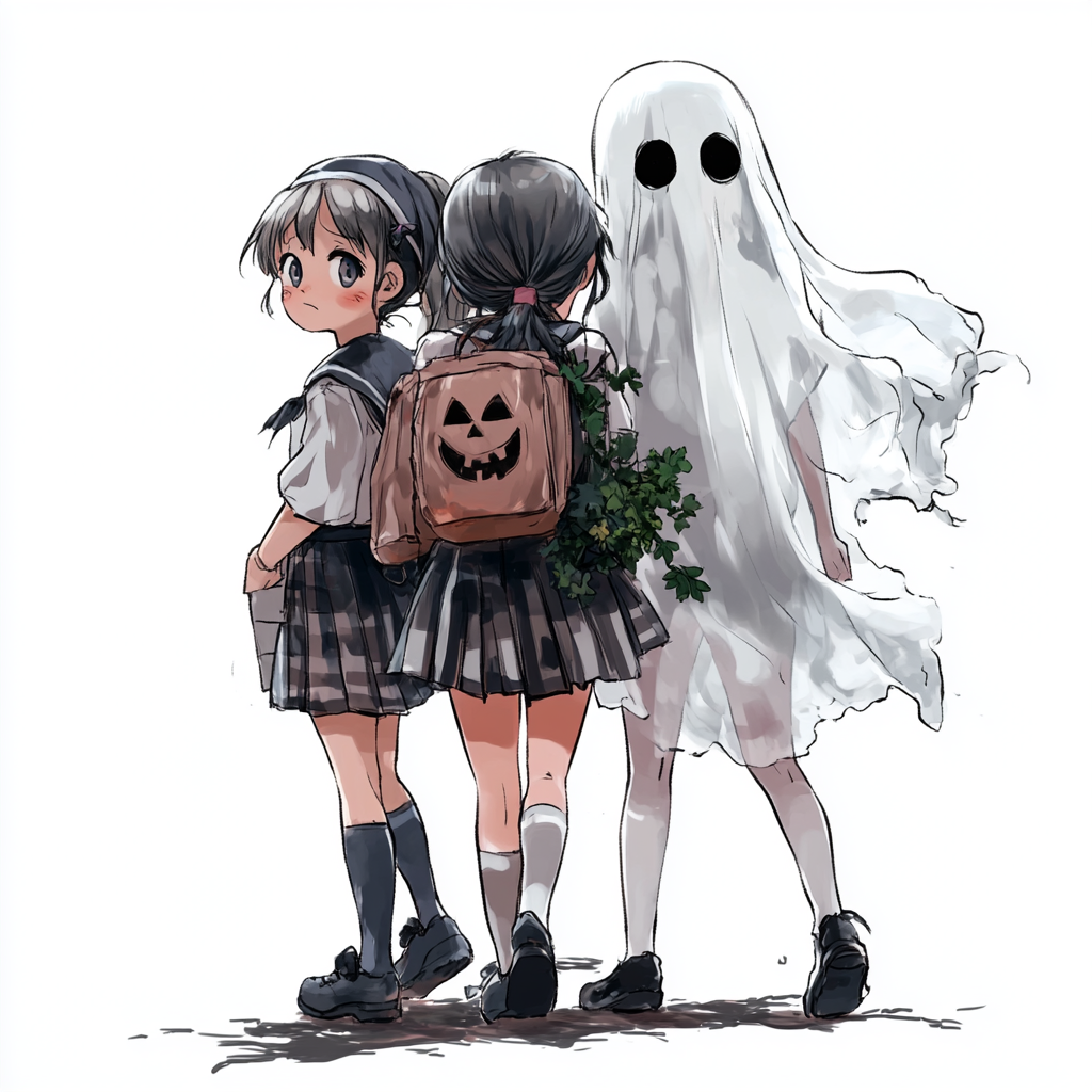 Transparent ghost girl in Halloween costume with three friends.