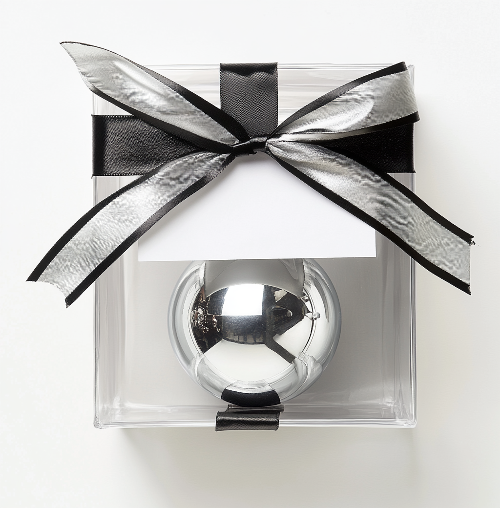 Transparent gift box, silver ribbon, black ribbon, silver sphere.