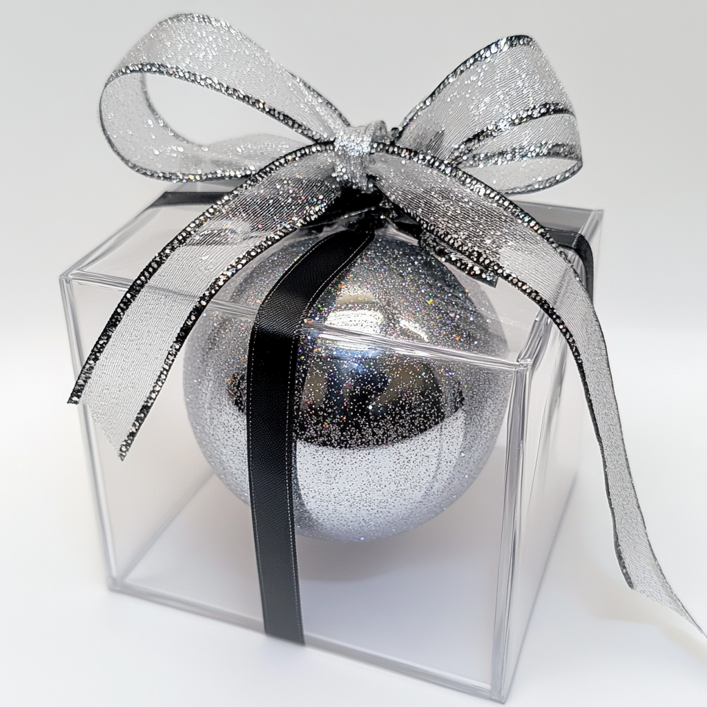 Transparent gift box with ribbon, glass Christmas sphere inside.