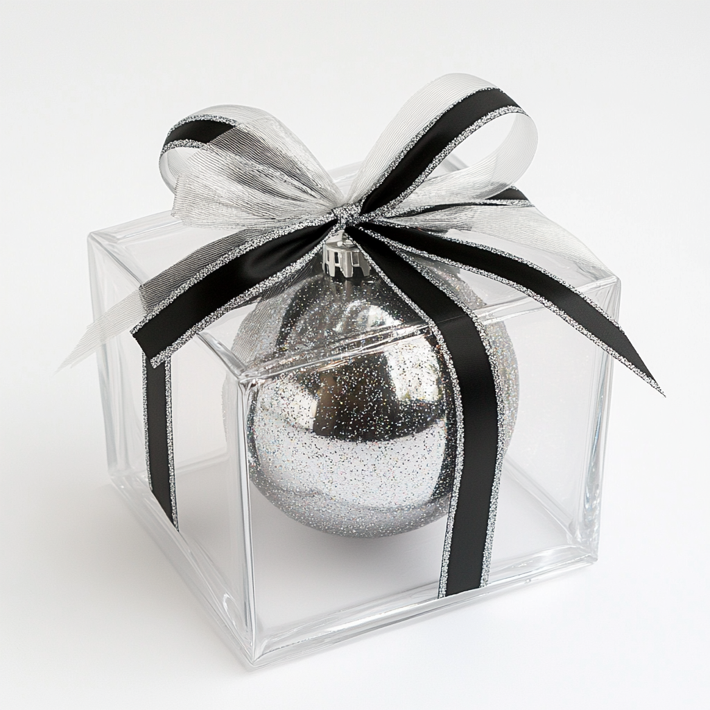 Transparent gift box with silver ribbon and black sphere.