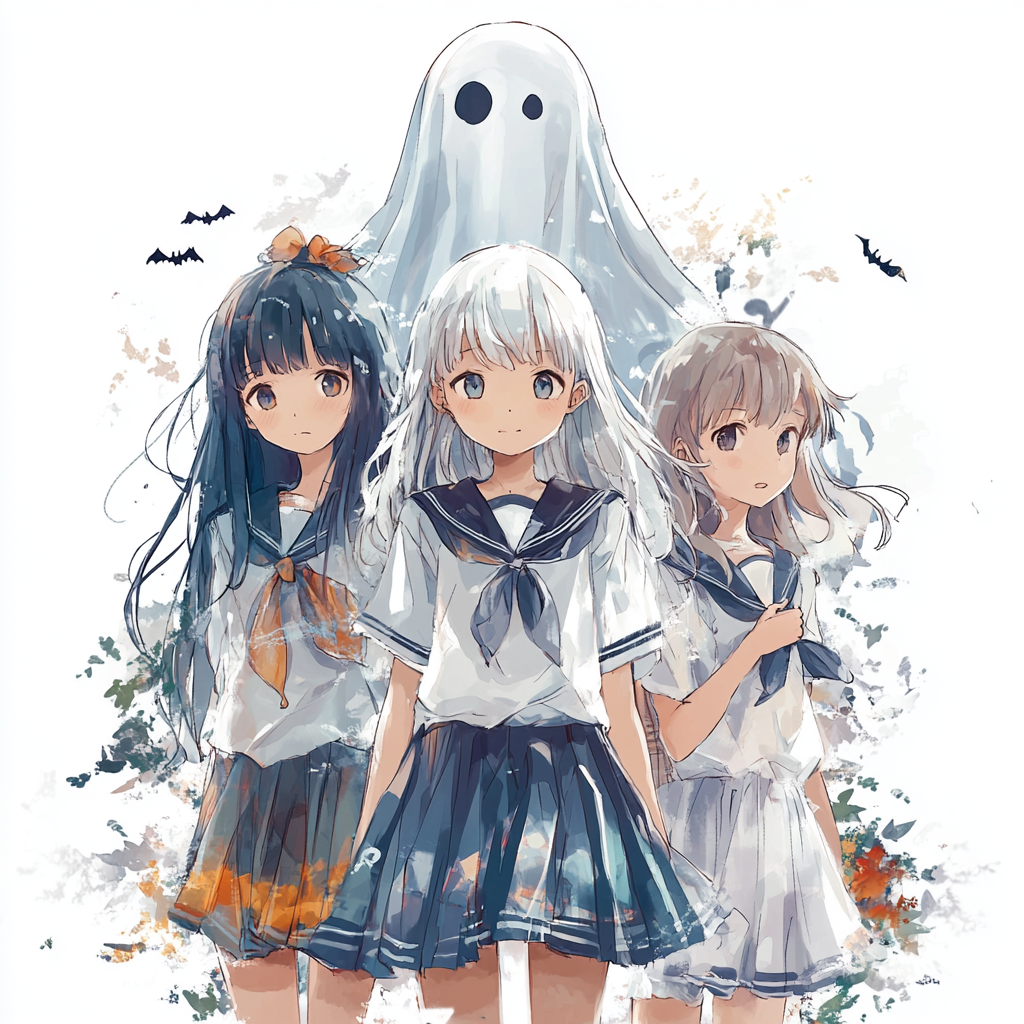 Transparent girl ghost with Halloween costumes, behind girls.