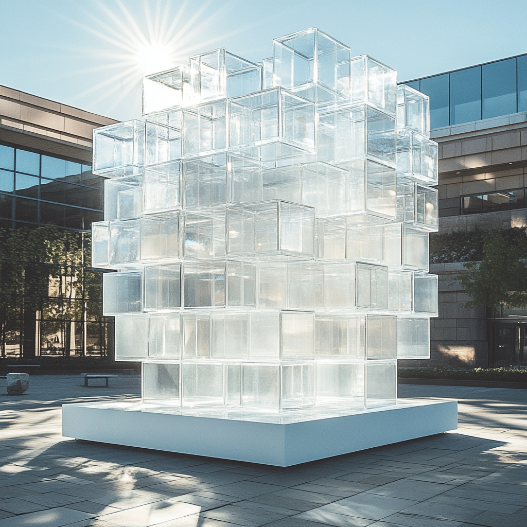 Transparent glass cube with prism reflections in sunlight