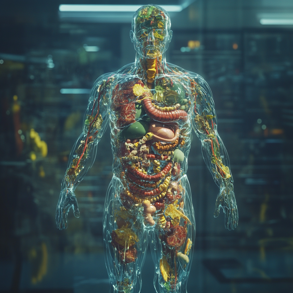 Transparent human shows digestive system made of food.