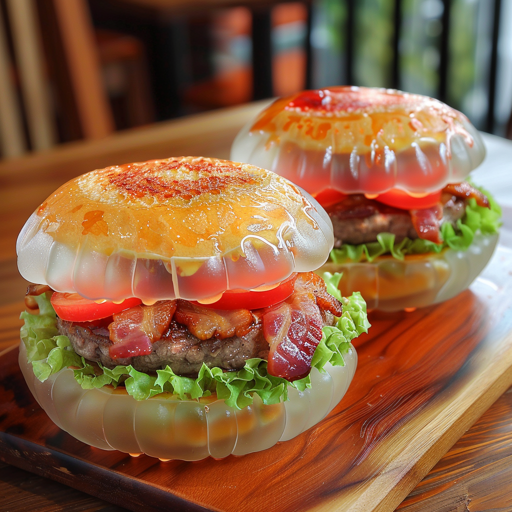 Transparent jellyfish buns with beef, bacon, lettuce and tomato.