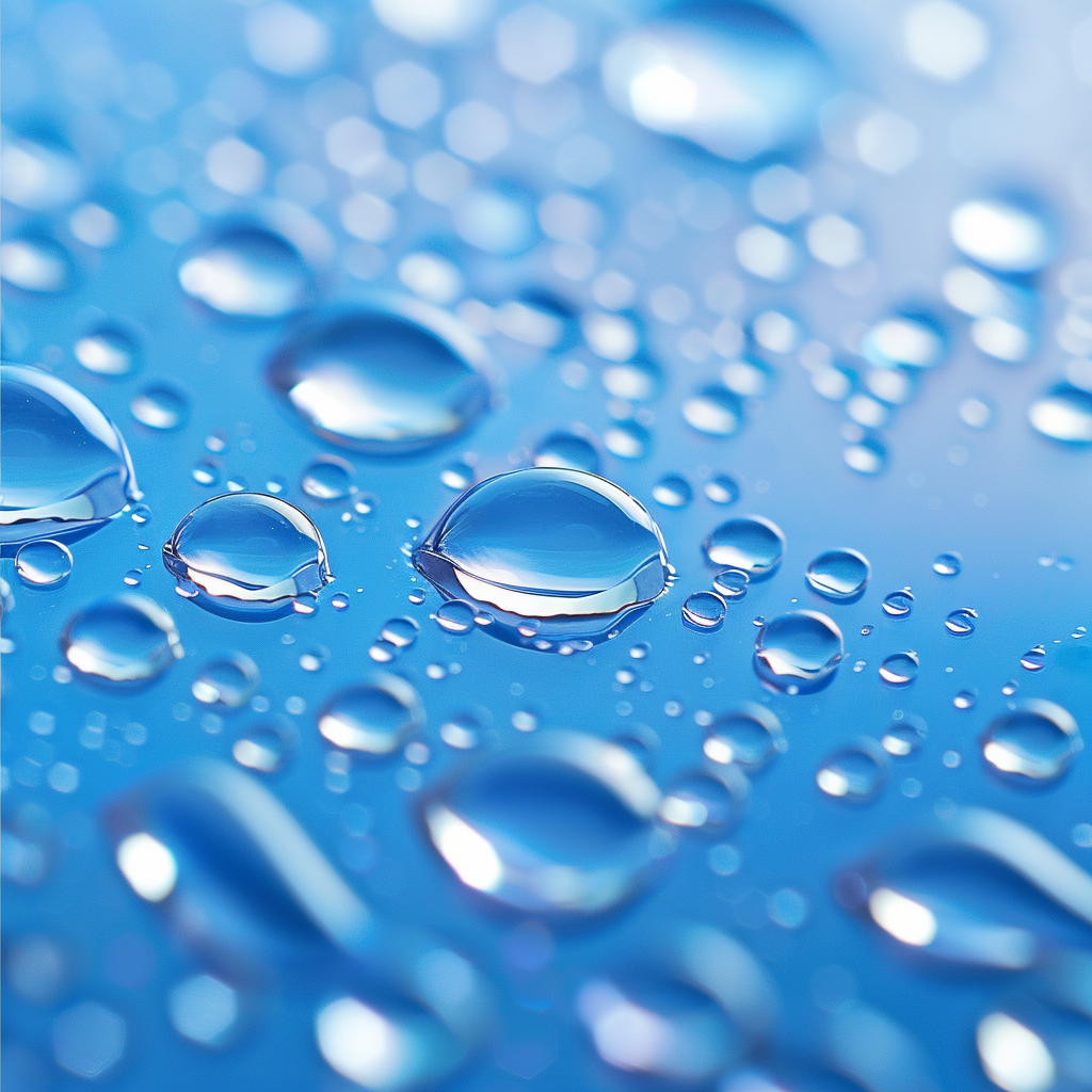 Transparent water droplets on medium blue backdrop.