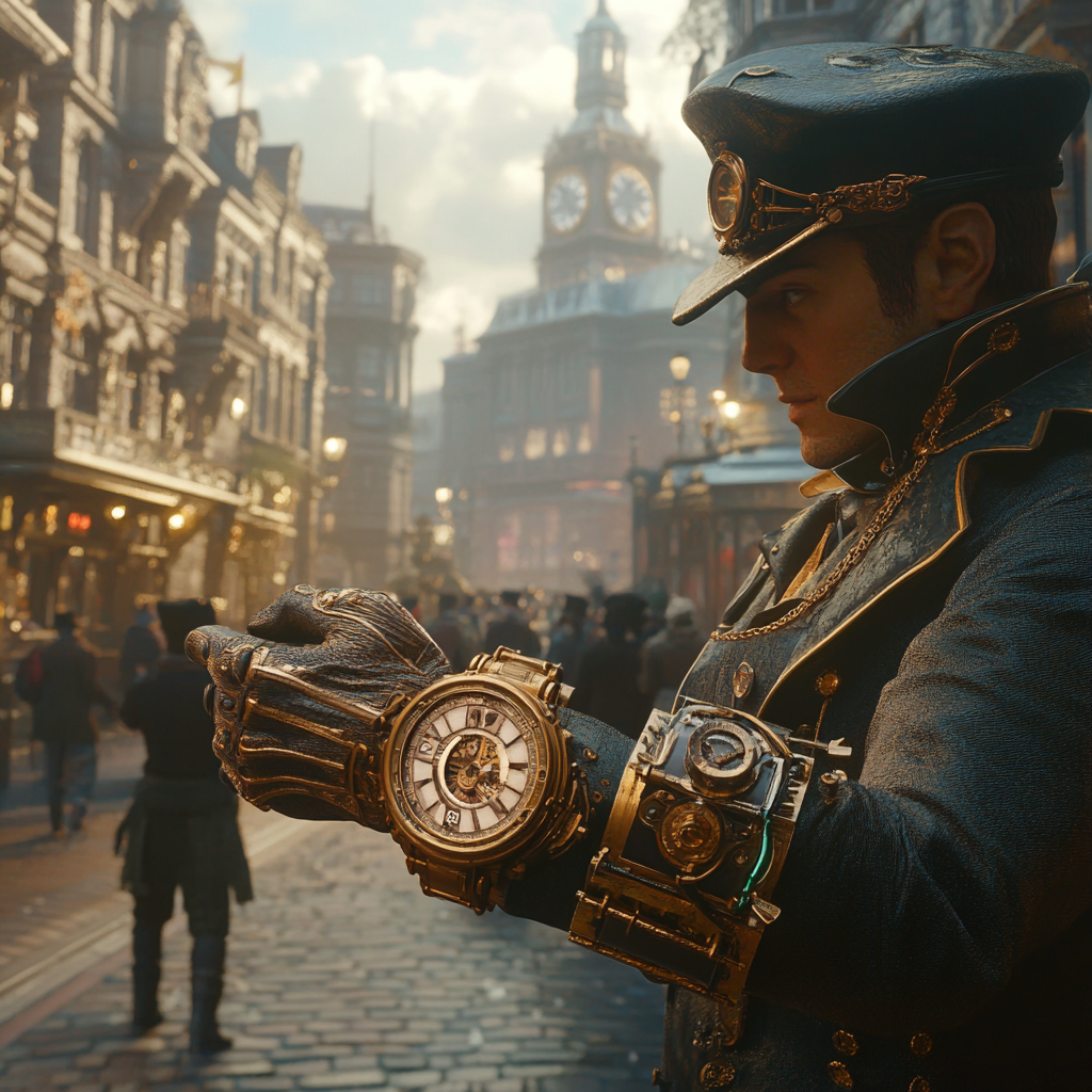 Traveler in Victorian London, adjusting wrist device, detailed background.