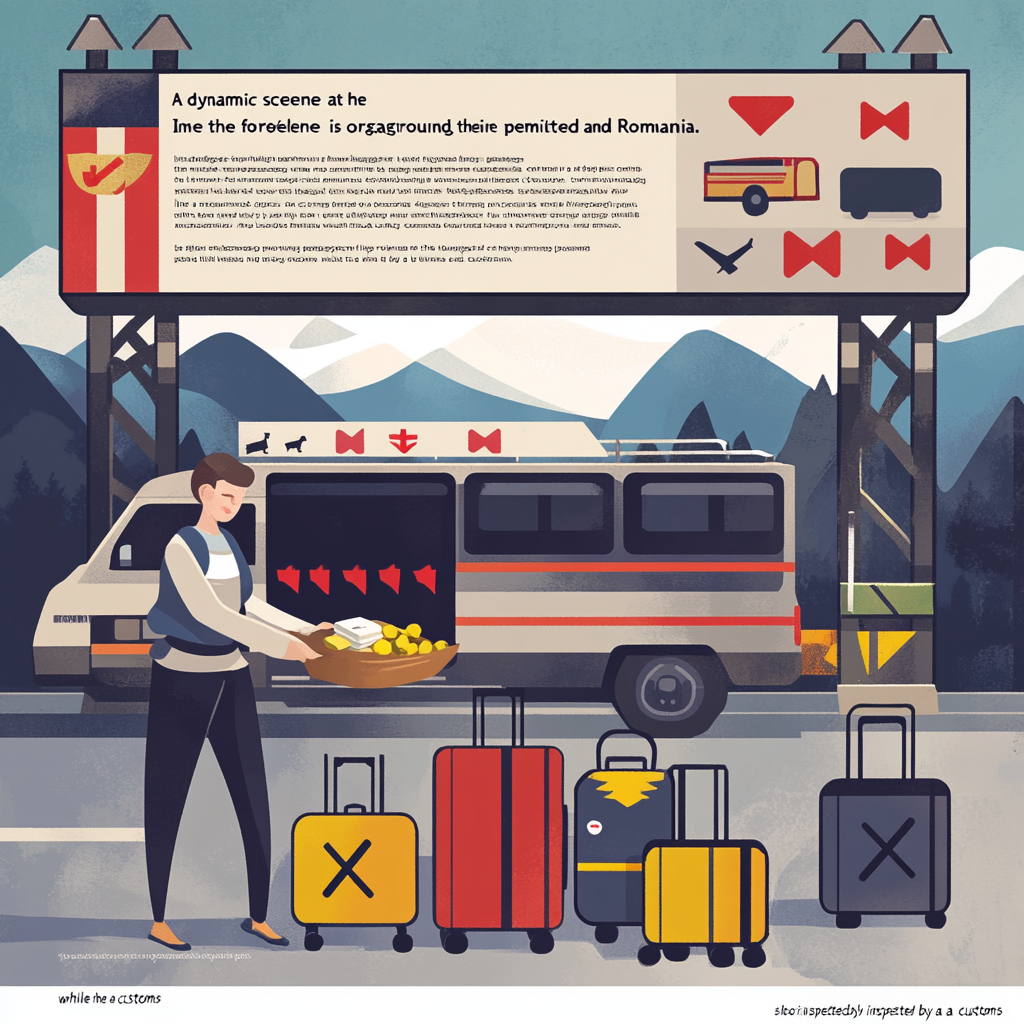 Traveler with 2 suitcases: one permitted, one inspected. Green check, red 'X' symbols. Border sign with flags, mountains, blue sky.