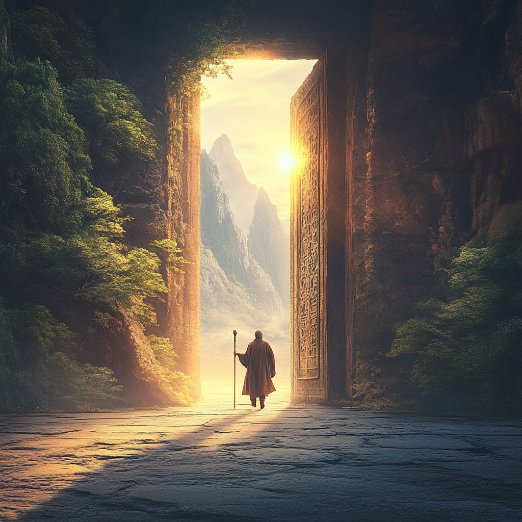 Traveler with staff walks to ancient open door, sunlight.