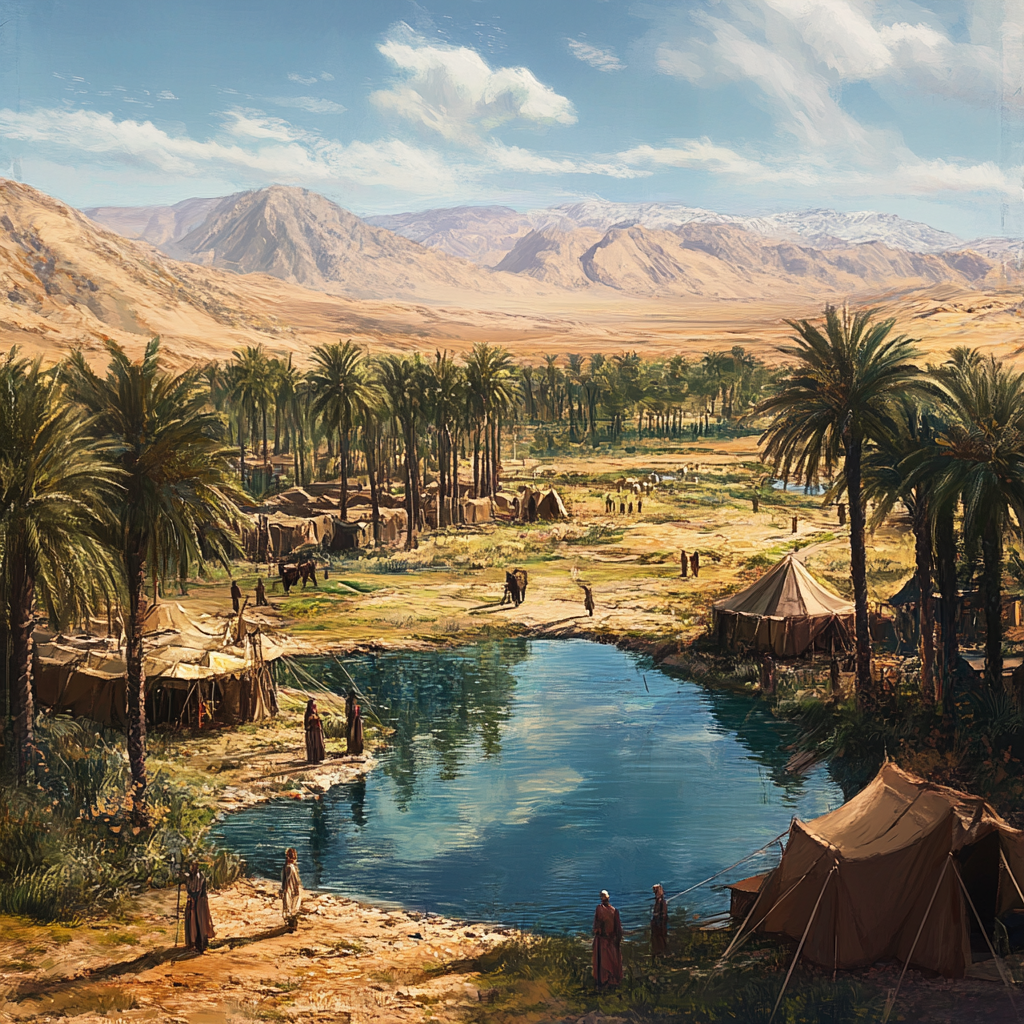 Travelers Arriving at Desert Oasis with Pool and Tents