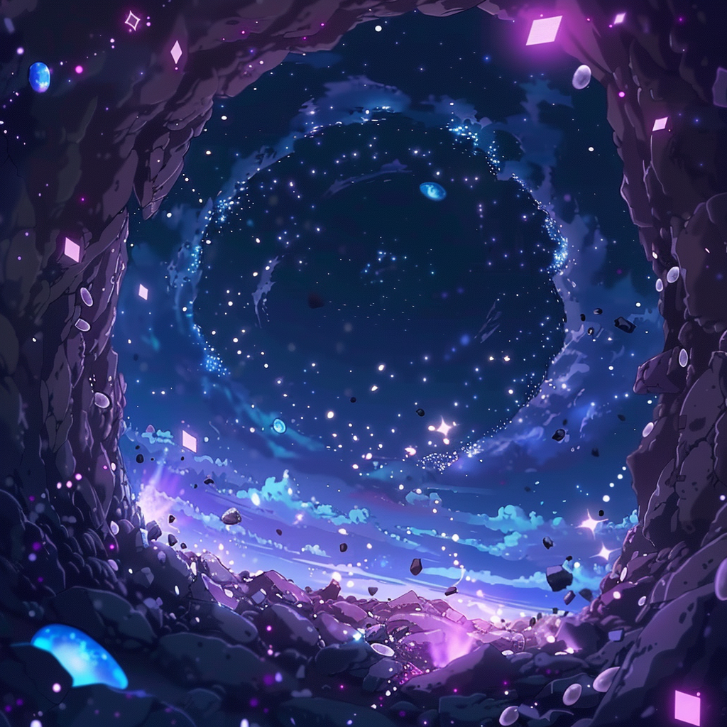 Traveling through glowing opal portal in galaxy wonderland.