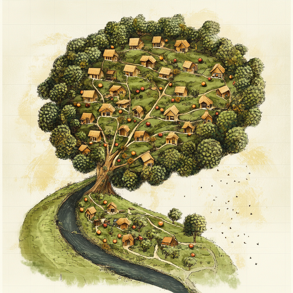 Tree-shaped cottage village plan with river, fields, and eco-style.