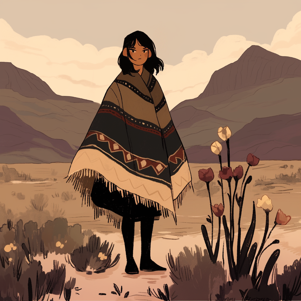 Trekking Mexican woman with bob haircut in desert scenery.