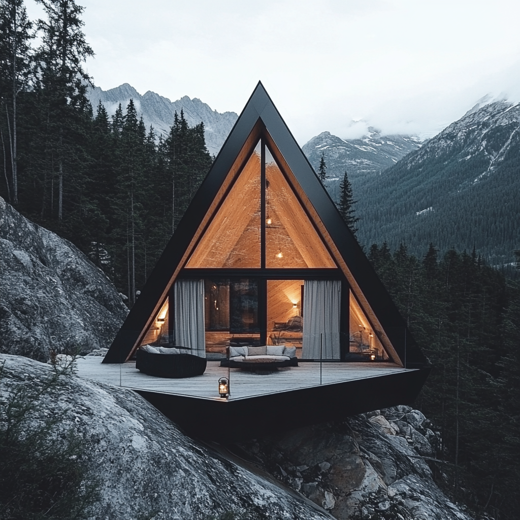 Triangle cabin, angled mountainside with full-length window curtain.