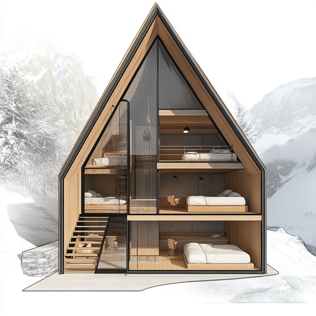 Triangle cabin nestled in mountainside with bunk bedroom view.