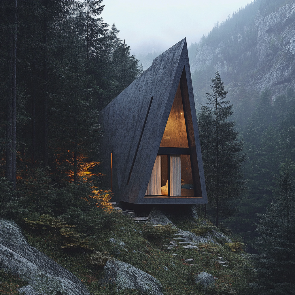 Triangle cabin with window curtain on mountainside.