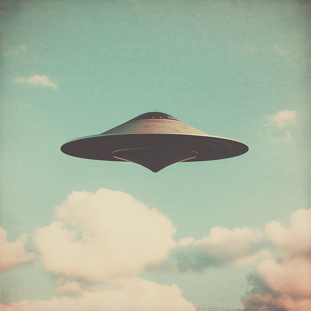 Triangle flying saucer in blue sky, 70s style art.