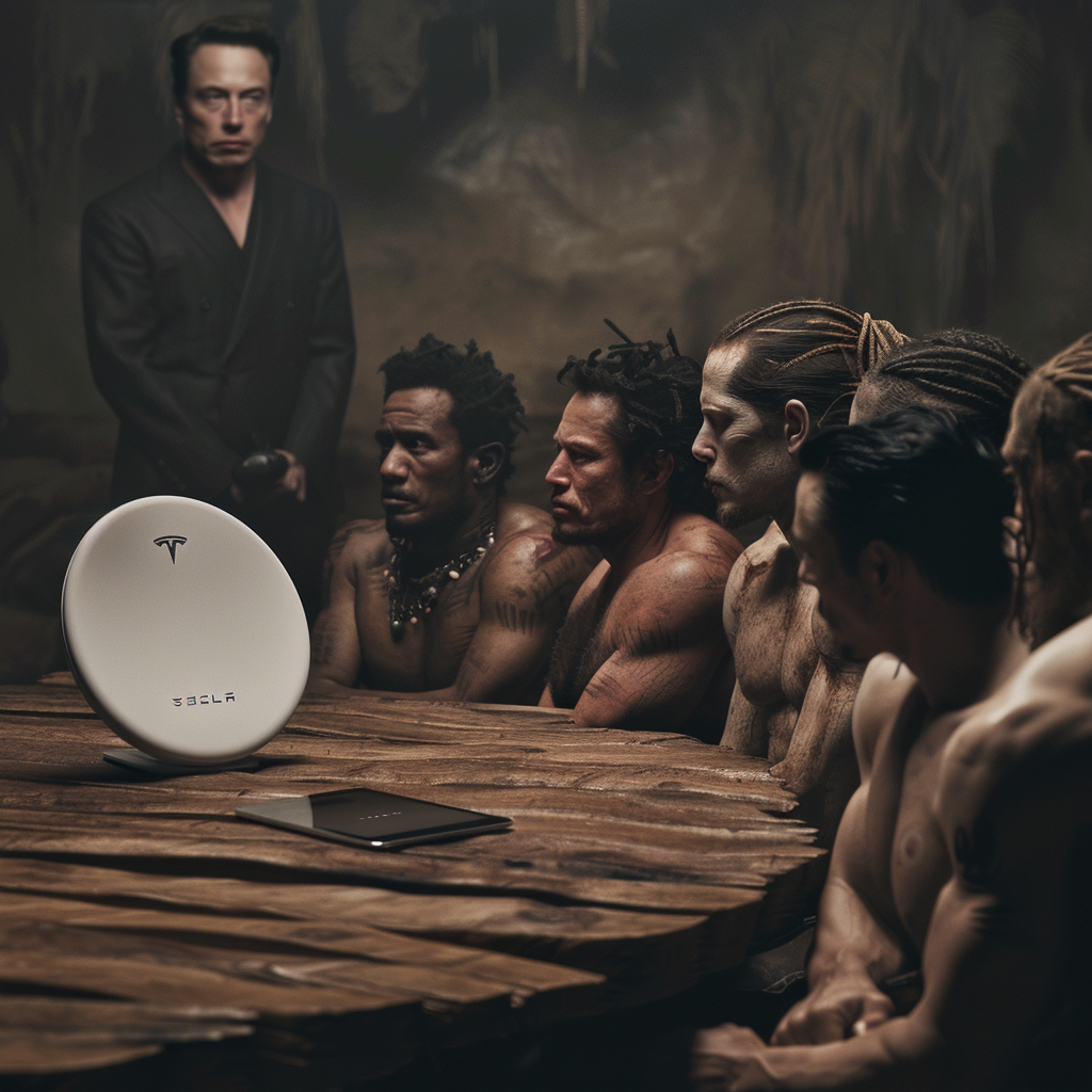 Tribe watching tablet with wifi, Elon Musk in shock.