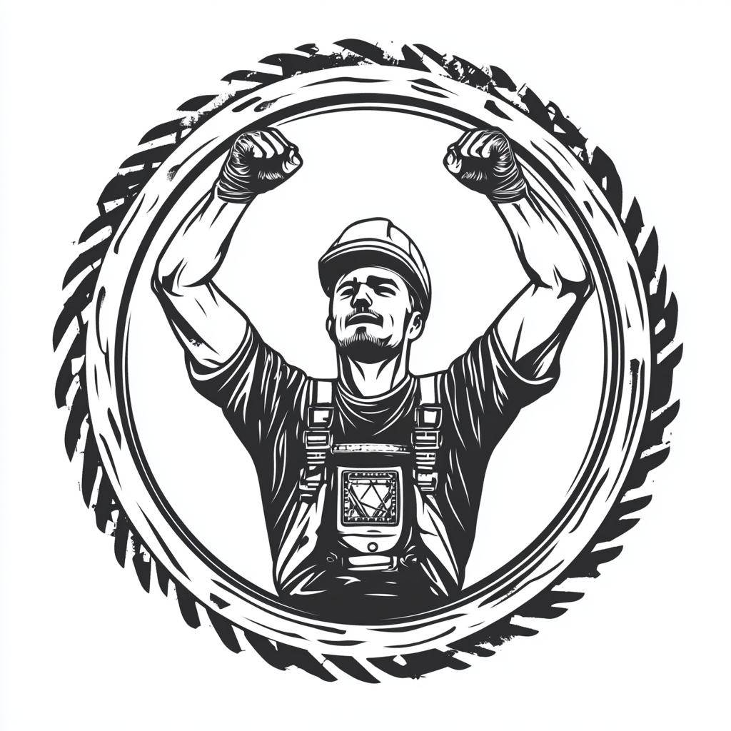 Triumphant ironworker logo with rebar border, black and white.