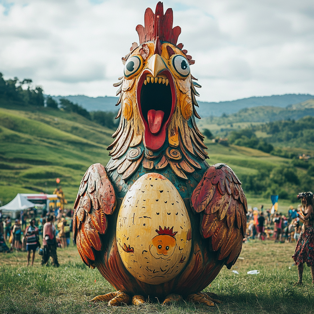 Trojan Wooden Crazy Chicken Decor at Ozora Festival