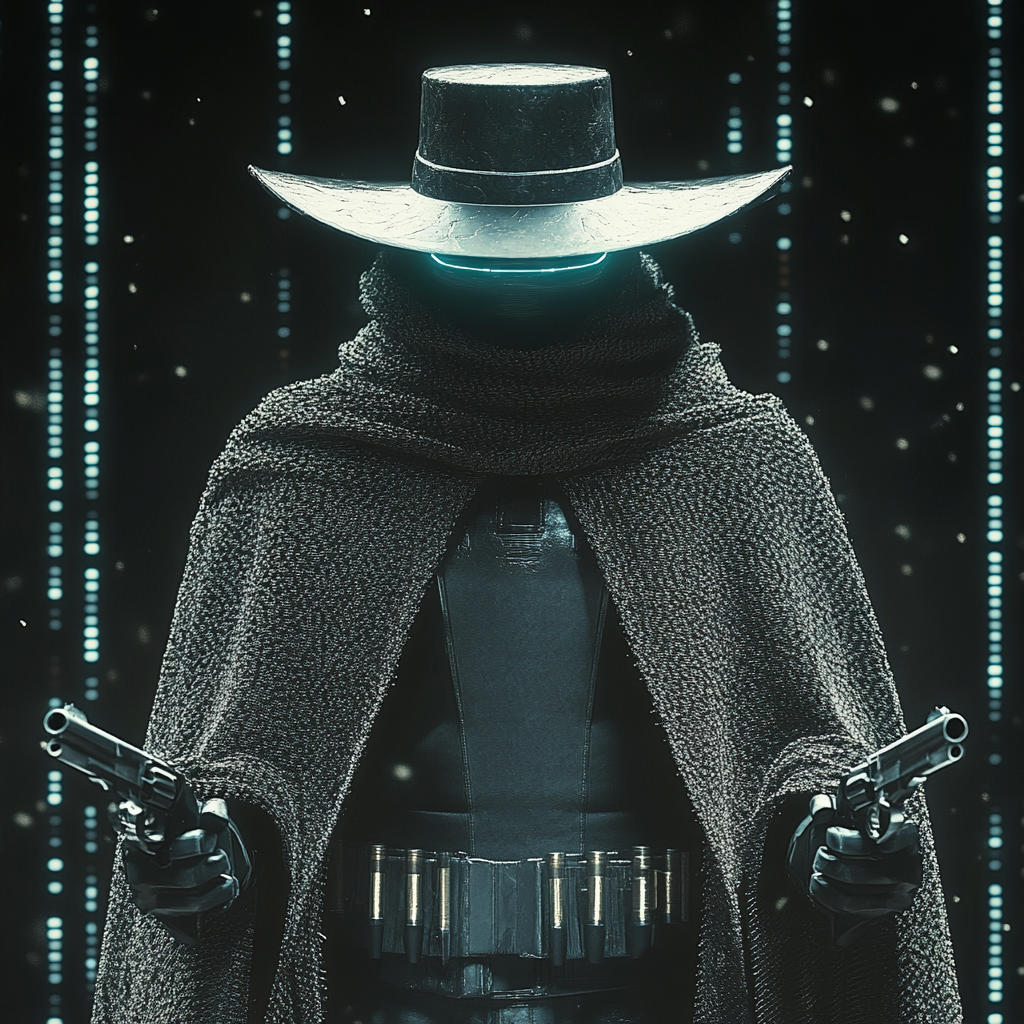 Tron cyberpunk cowboy with hat, poncho, and revolvers.