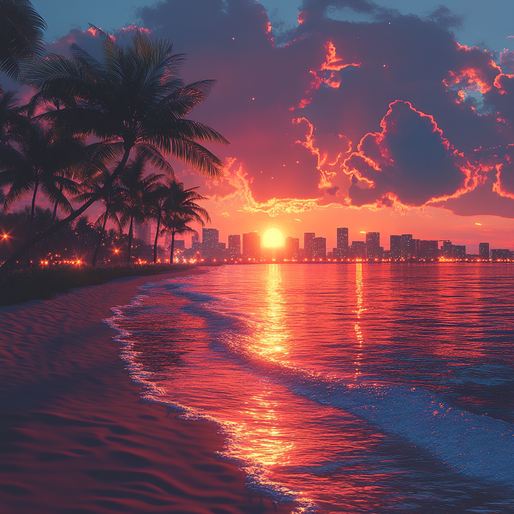 Tropical Beach Sunset with Palm Trees and City Lights