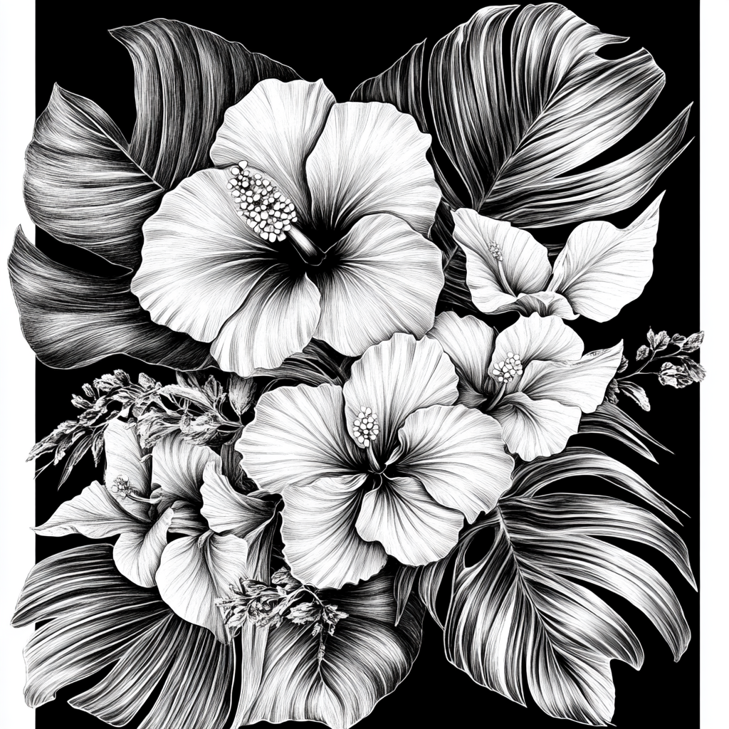 Tropical Black & White Flower and Leaf Scene