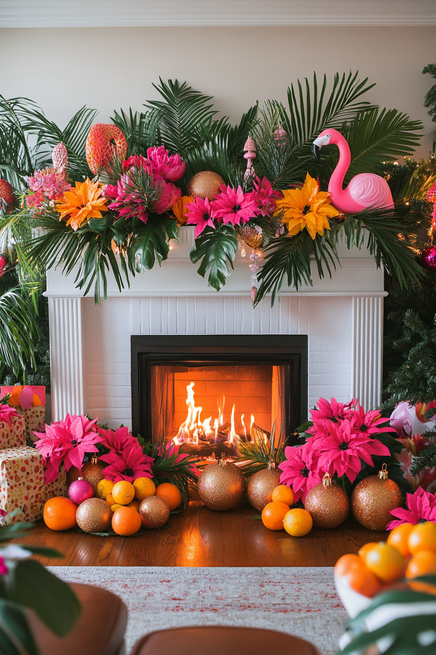 Tropical Christmas Fireplace Bursting with Festive Color