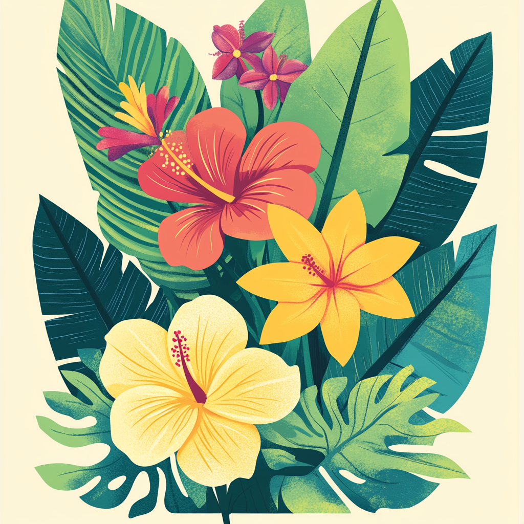 Tropical Island Flower Scene with Bold Blooms