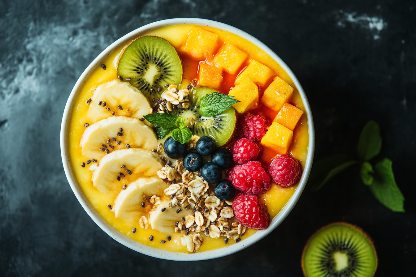 Tropical Smoothie Bowl photography with luxurious lighting.