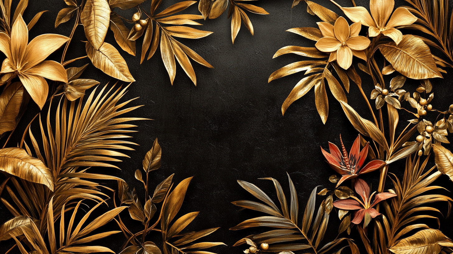 Tropical flowers and foliage on metallic gold wallpaper.