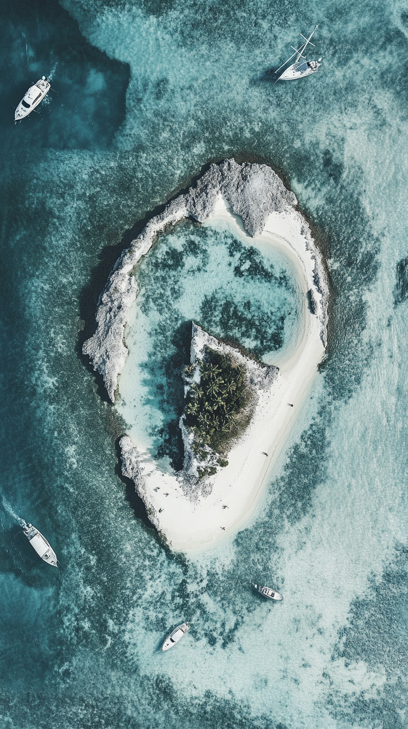 Tropical island shaped like teardrop with white sands