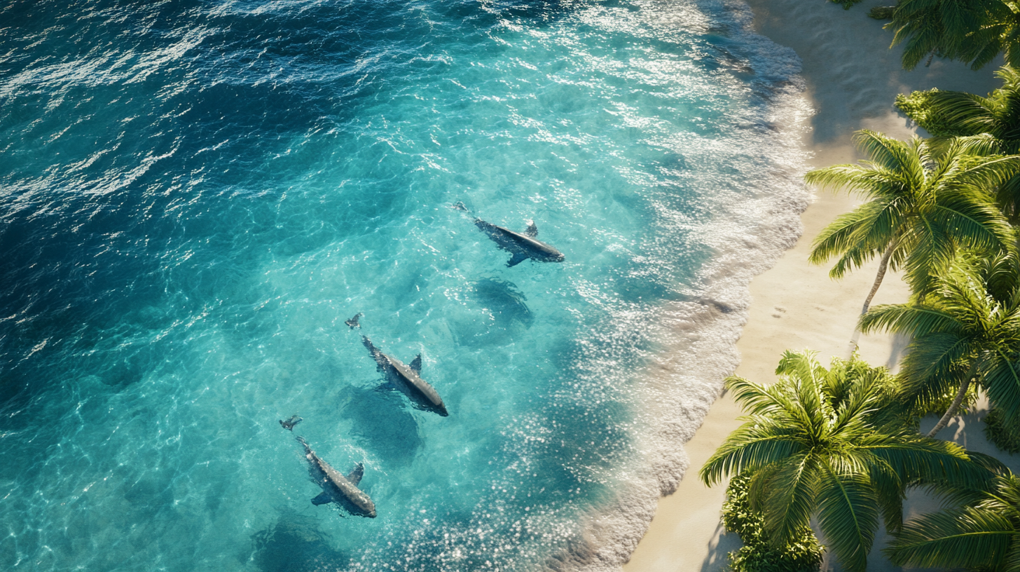 Tropical island with dolphins swimming in blue ocean.