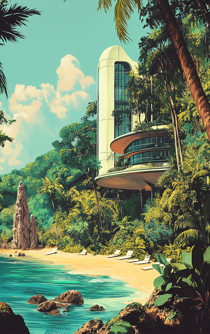 Tropical seaside hotel with Star Trek statue, jungle beach.