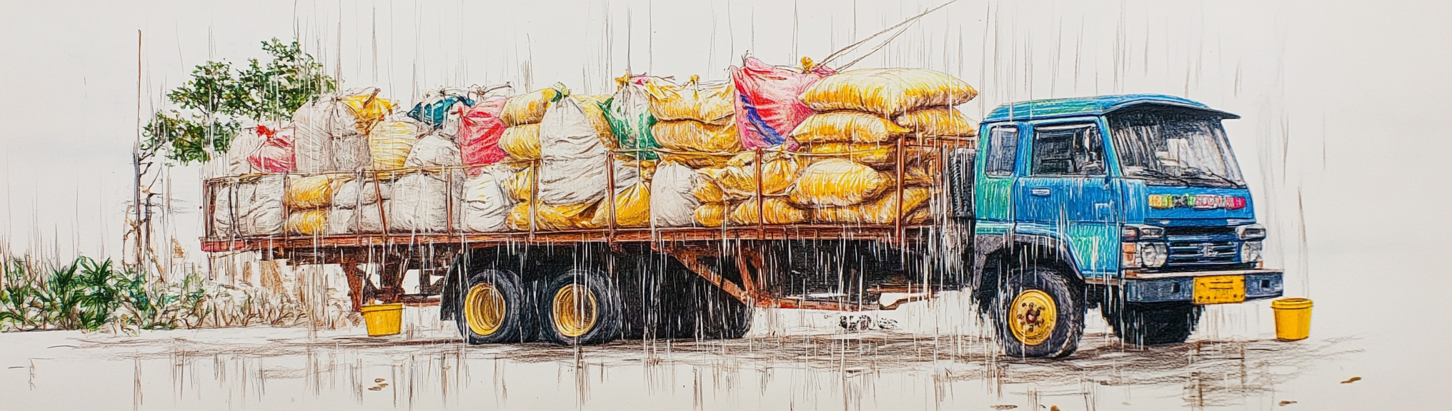 Truck carrying rice bags in traditional factory setting.