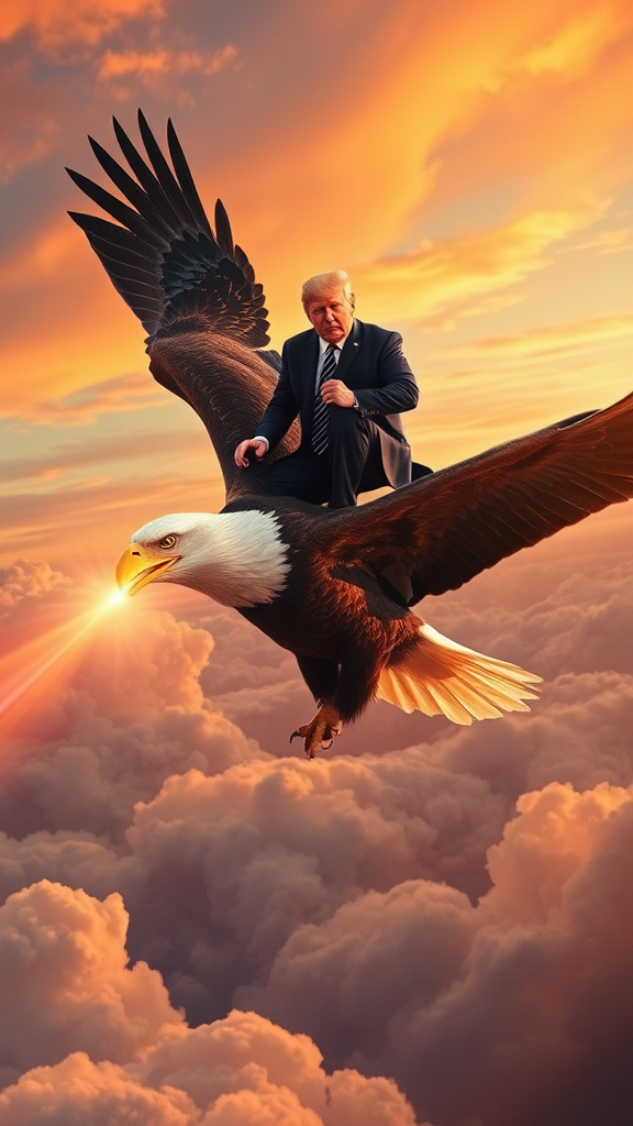 Trump on majestic eagle soaring in sunset sky.