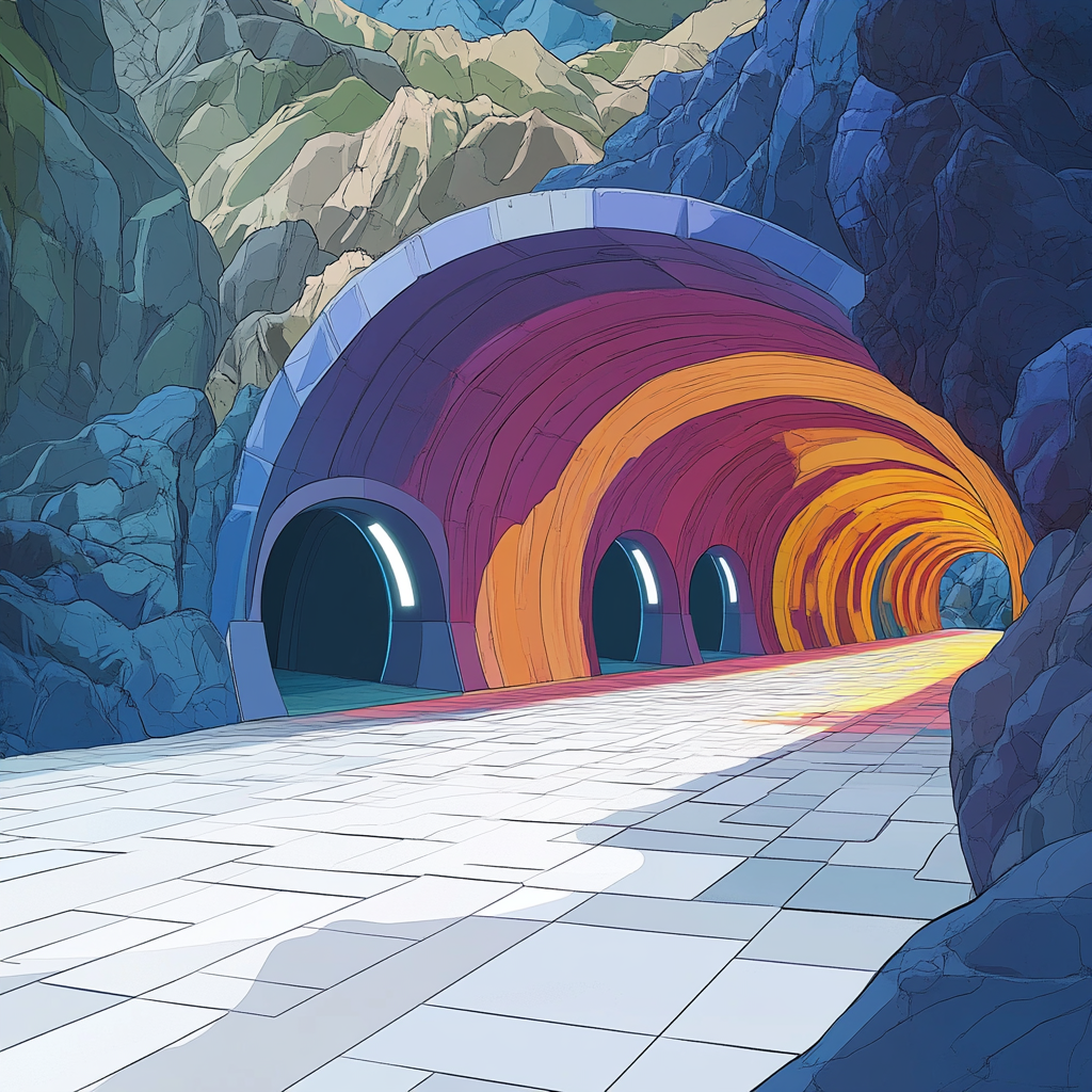 Tunnels at base of mountain, glowing colored entrances.