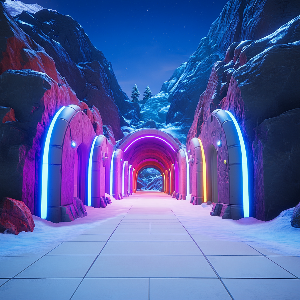 Tunnels with colorful entrances near mountain base, Fortnite style