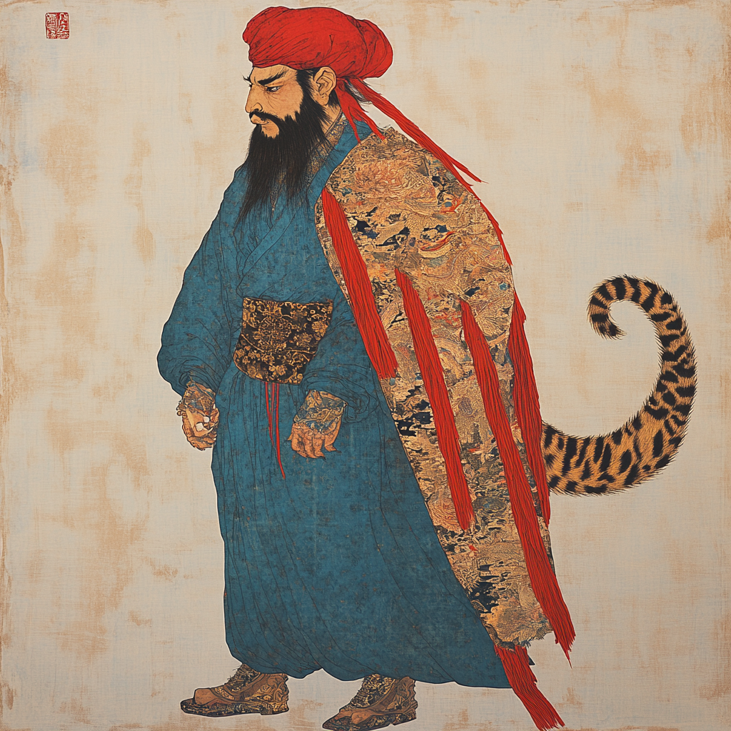 Turban with red tassels, wolf waist, ape arms. Deep blue robe, ancient China men portrait.