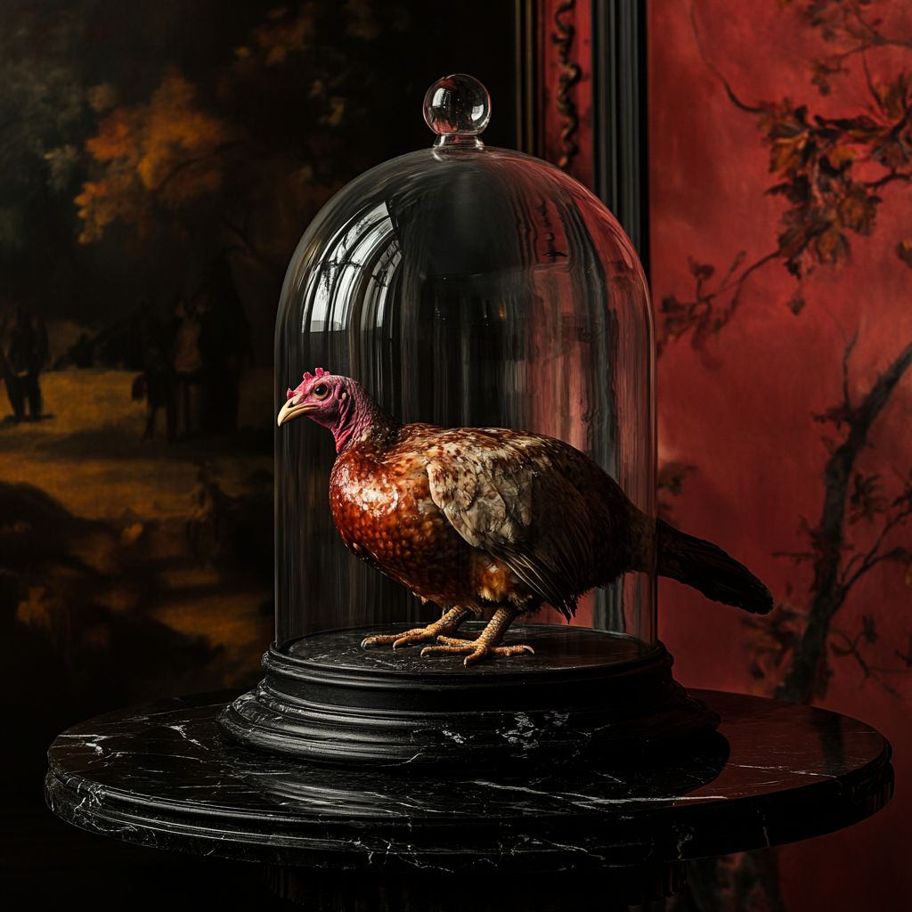 Turkey under glass dome on black table, red walls.