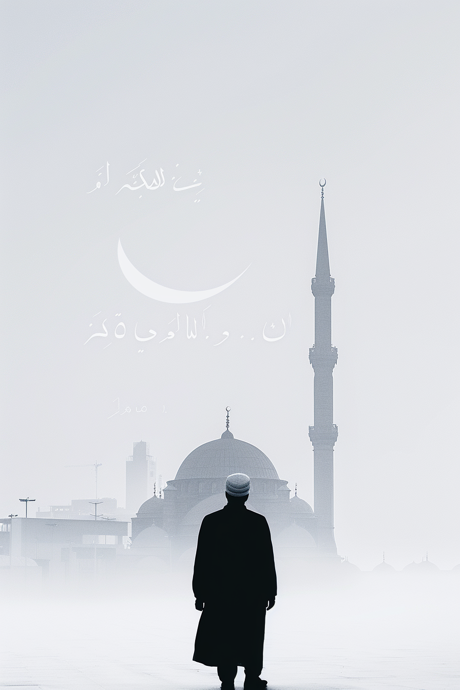 Turkish Imam's Spiritual Serenity: Mosque, Skyline, Crescent Moon