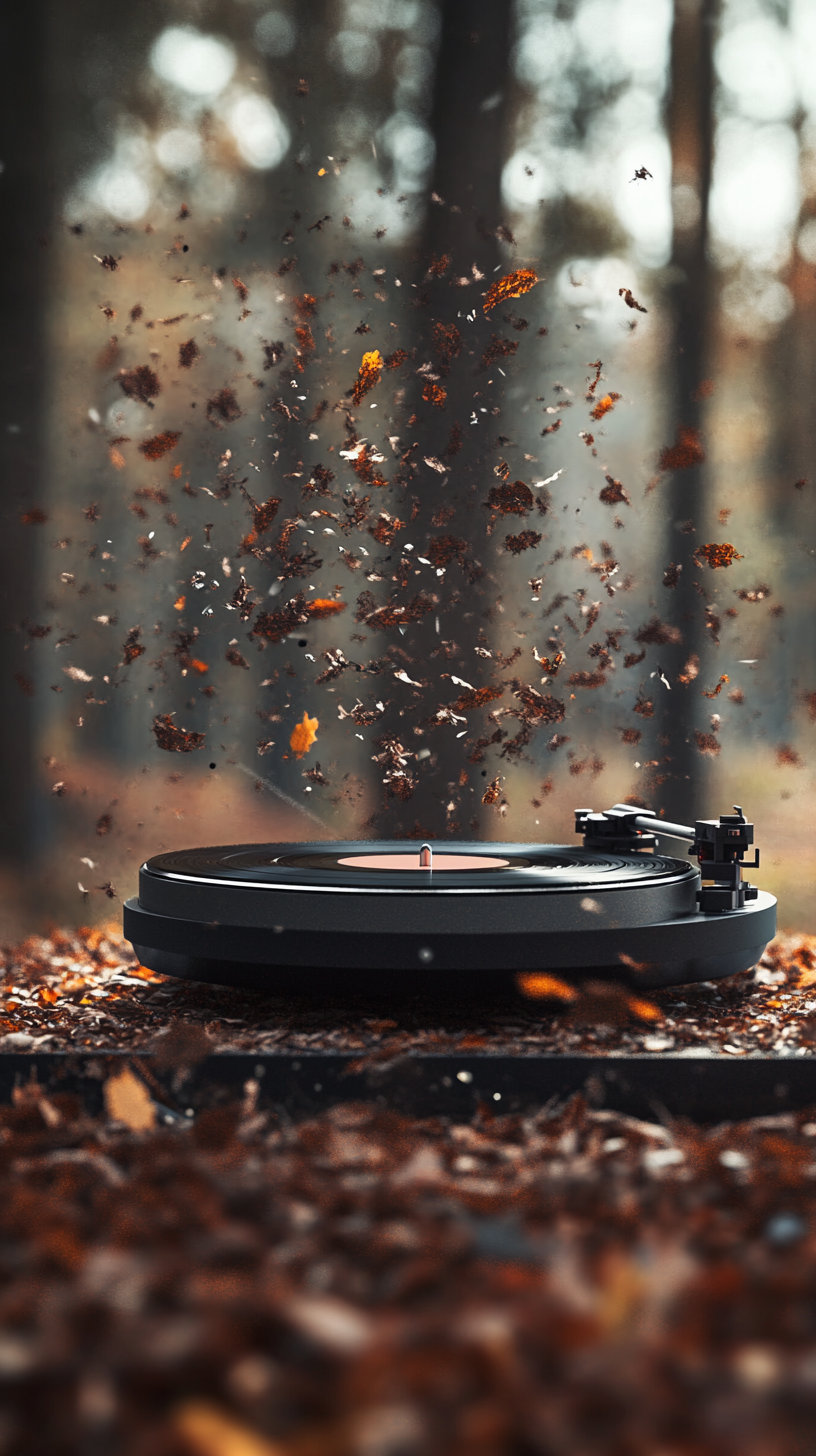 Turntable explodes, debris flying, forest background, depth of field.