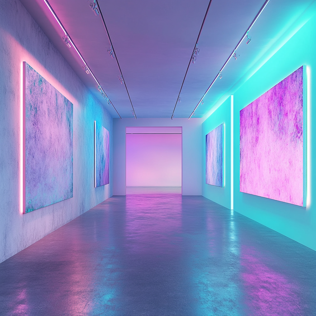 Turquoise and light purple room with empty abstract painting.