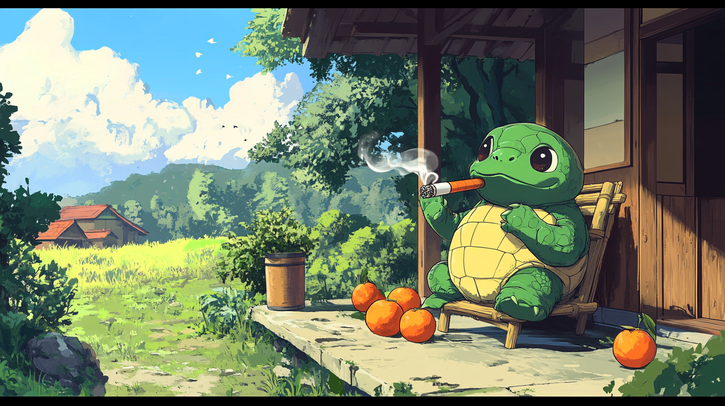 Turtle smoking on bamboo chair with oranges in water.