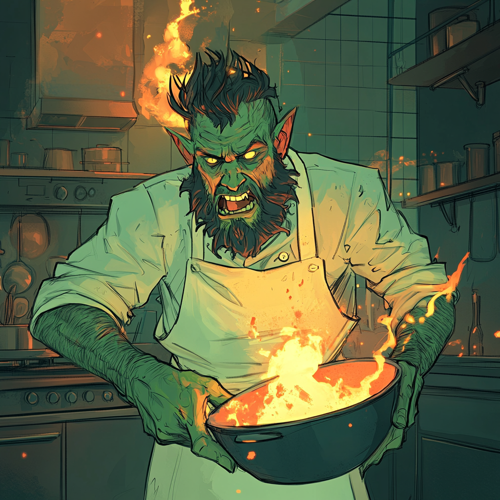 Tusked green chef panics in flaming kitchen