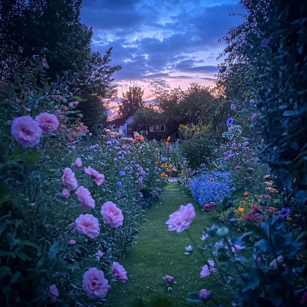 Twilight Garden with Flowers Swaying, iPhone 15 Pro 