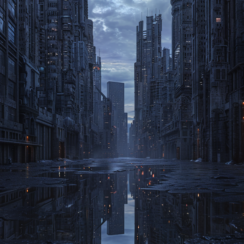 Twilight dystopian cityscape with towering megastructures in 8k.