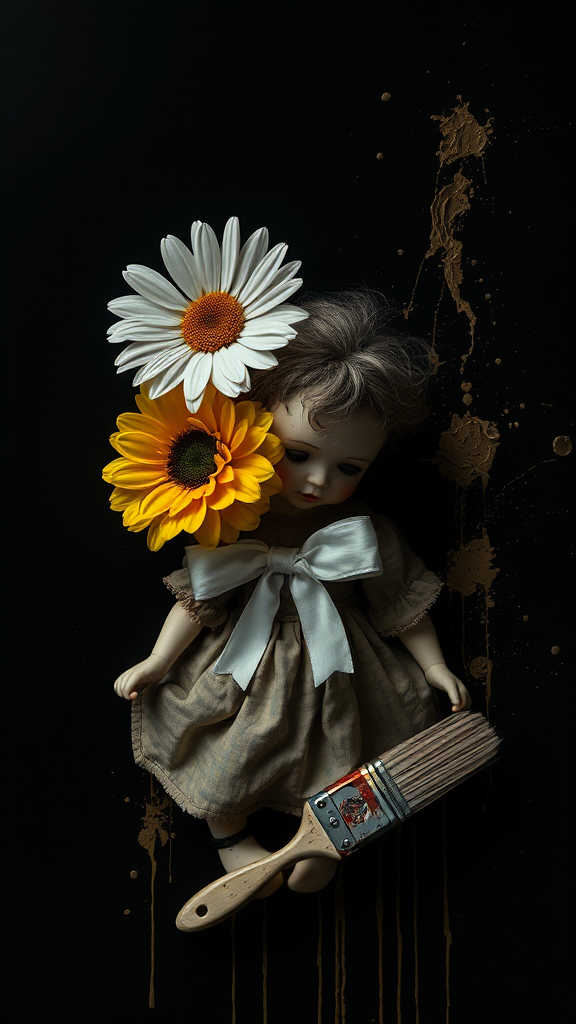 Twisted daisy and rose with broken doll, paint splatters.